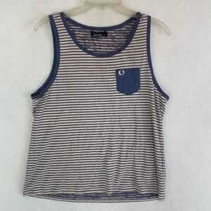 Fred Perry Tank Top Mens Medium Blue Striped  Laurel Wreath Pocket Vest Logo